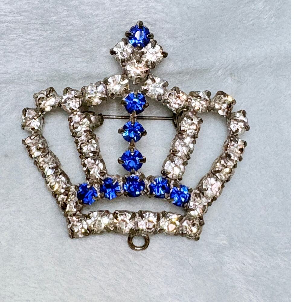 Vintage Rhinestone Crown Brooch Pendant Blue Clear Stones Pot Metal 1930s 40s